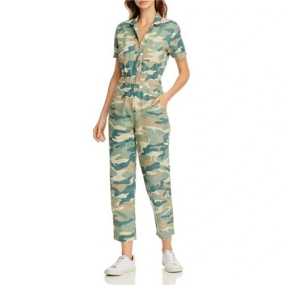 NWT Mother The Zippy Ankle Jumpsuit in Blue Green Camo Camouflage XS $325
